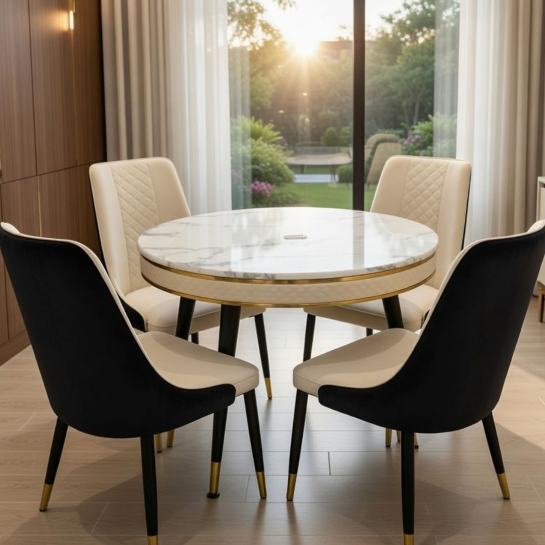 FIVESTAR C92 1+4 ROUND MARBLE M.TOP DINING TABLE (CREAM)