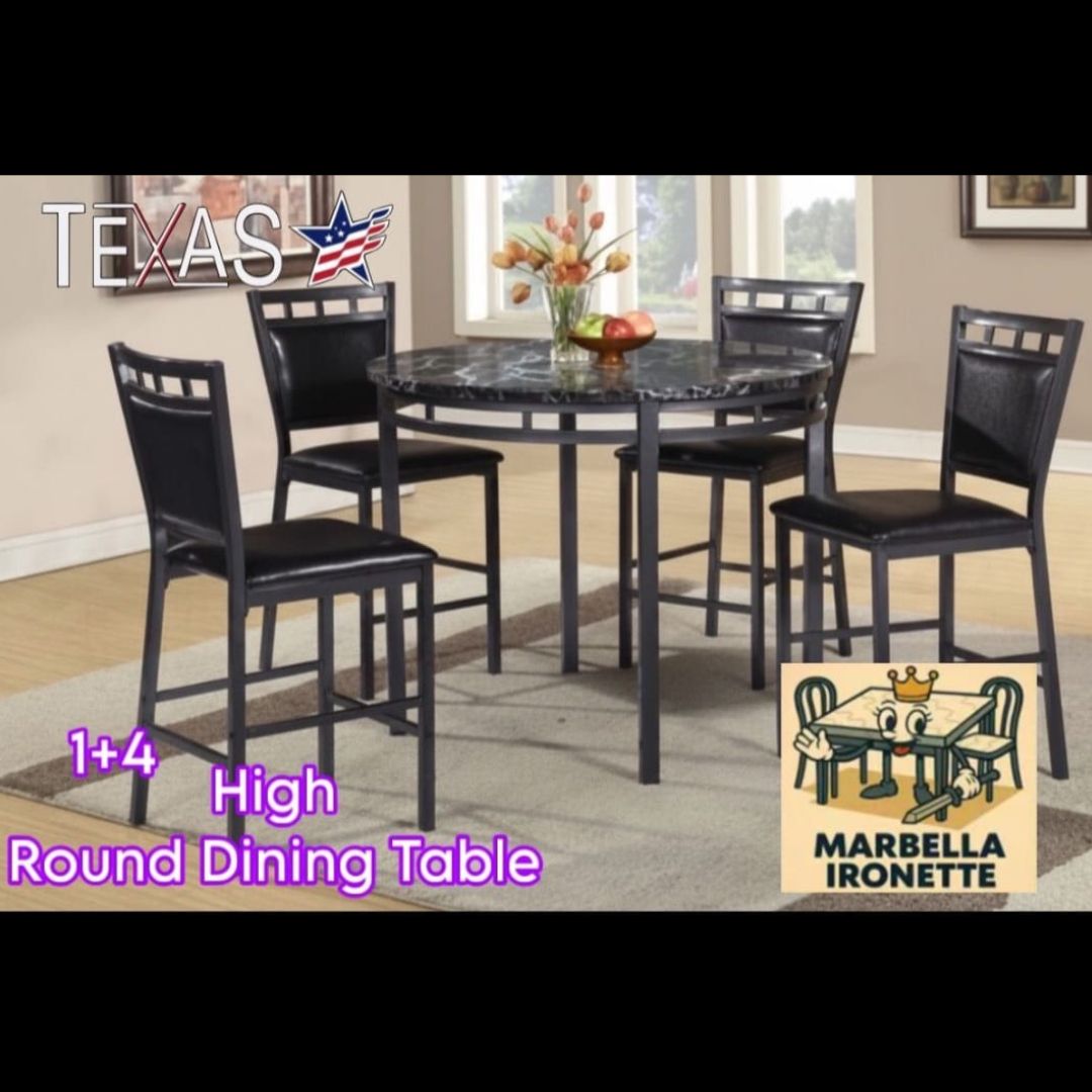 TD-213R-4 ROUND TEXAS MARBELLA IRONETTE 4 CHAIR HIGH DINING TABLE