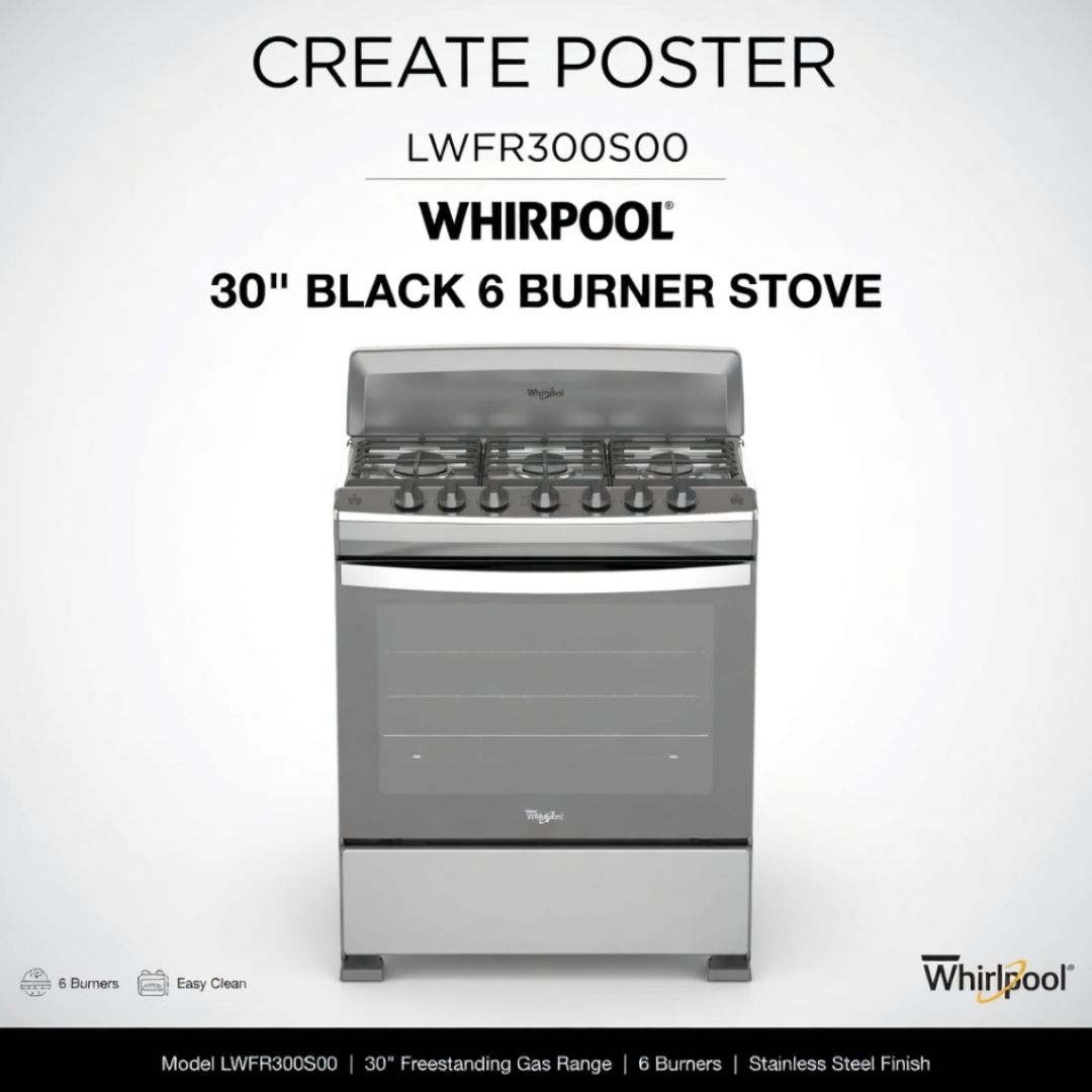 LWFR300S00 WHIRPOOL 30" BLACK 6 BURNER STOVE
