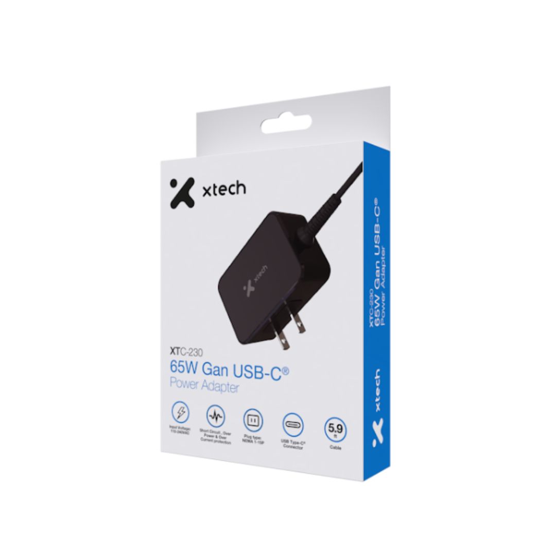 Xtech - 65W GaN USB-C® Power adapter - voltage 110/240VCA - plug NEMA 1-15P 5.9ft XTC-230