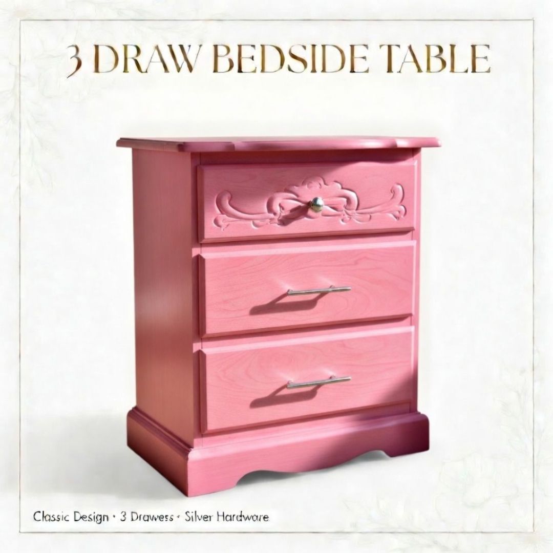 3 DRAW BEDSIDE/NIGHT TABLE PINK