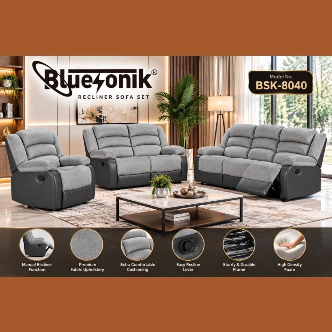 BSK-8040RLS-3RR 3+2+1 BLUESONIK SOFA GREY FABRIC AND LEATHER