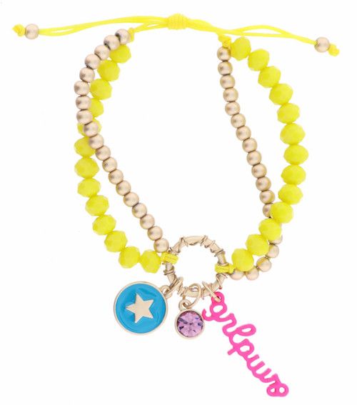 2 Strand, Gold Ball and Yellow Beaded, Teal Enamel Disc with Gold Star, Lavender Crystal, Hot Pink "grlpwr" Bar Bracelet