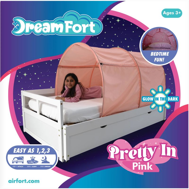Original DreamFort - Pop Up Portable Twin Bed Canopy - Glow in The Dark Stars (Pretty In Pink)