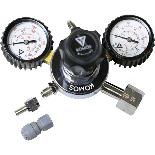 KOMOS® Premium Dual Gauge CO2 Regulator | Industrial-Grade | 0–60 PSI Operating Range | 1/4&quot; Flare Fitting with Barbed Outlet &amp; Duotight Adapter Fitting