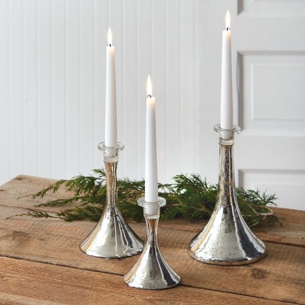 Set Of Three Silver Mercury Glass Taper Candle Holders