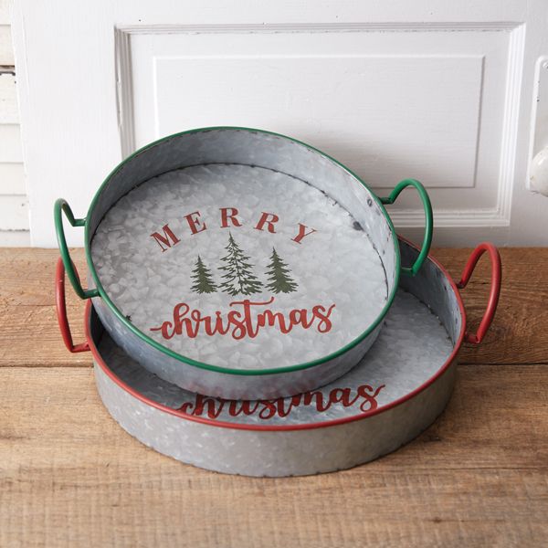 Set Of Two Galvanized Merry Christmas Trays