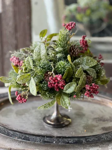 9&quot; Icy Laurel Berry Fir Half Sphere - Red