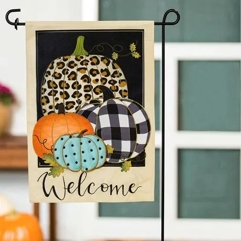 Mixed Print Pumpkins Linen Garden Flag