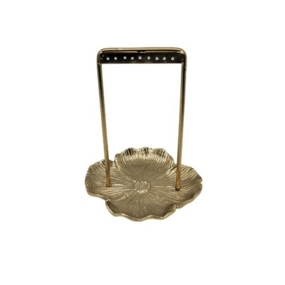 Gold Flower Jewelry Trinket Dish With Earring Holder Handle