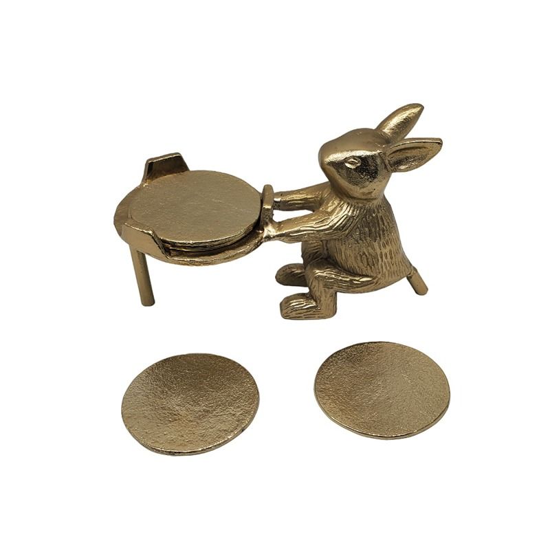 Gold Medium Bunny Holding Four Coasters