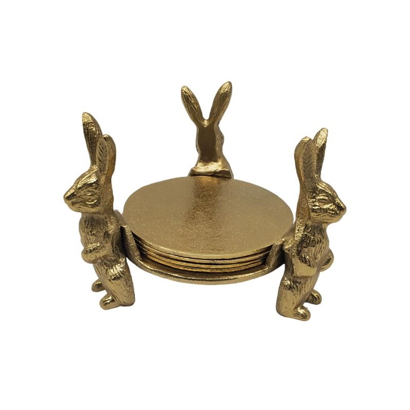 Gold Three Bunnies Holding Four Coasters