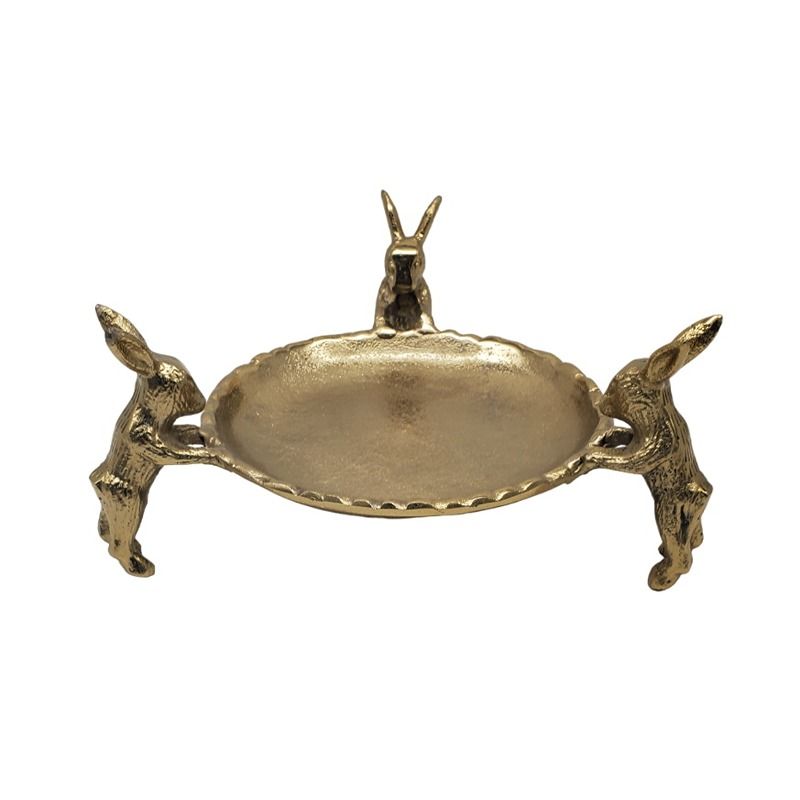 Gold Three Bunnies Holding Round Platter