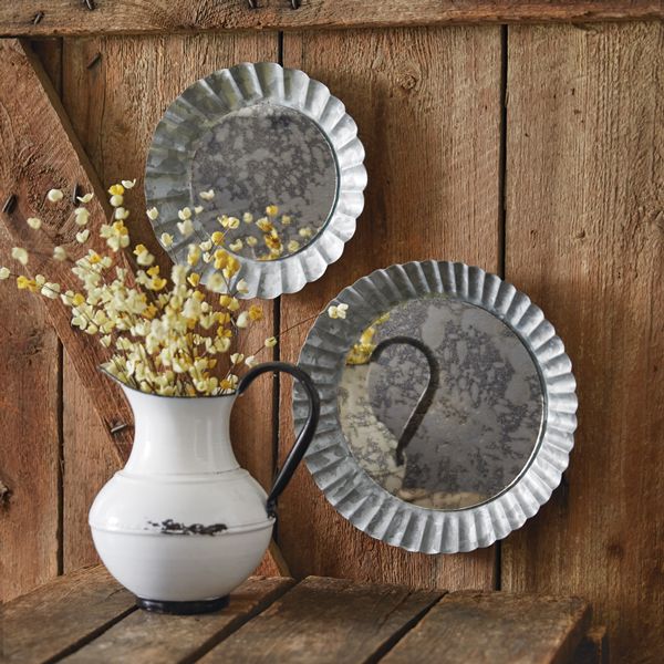 Set Of Two Pie Tin Mercury Glass Mirrors