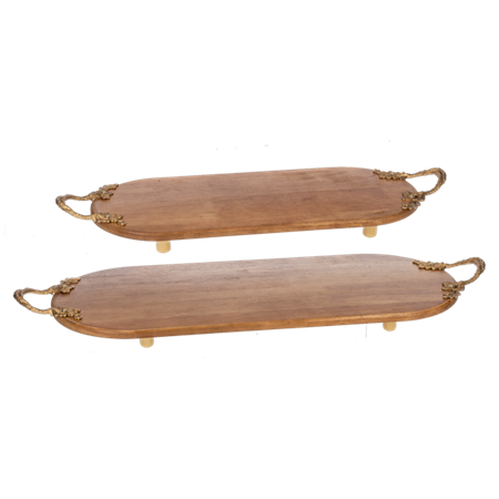 22.5&quot; Sm Long Oval Wooden Tray With Gold Handles
