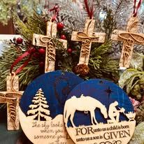 &quot;For Unto Us A Child Is Born&quot; Kneeling Cowboy Wooden Ornament