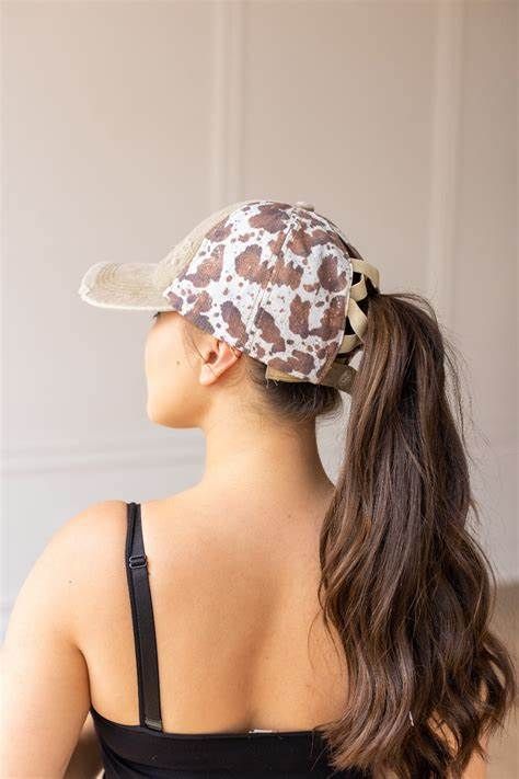 Distressed Light Brown &amp; Brown Cow High Ponytail Hat