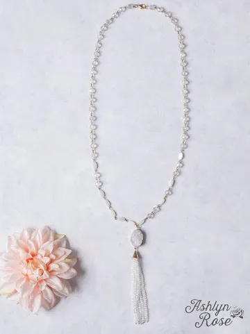 Glamours Always White Druzy Stone Pendant Beaded Tassel Necklace