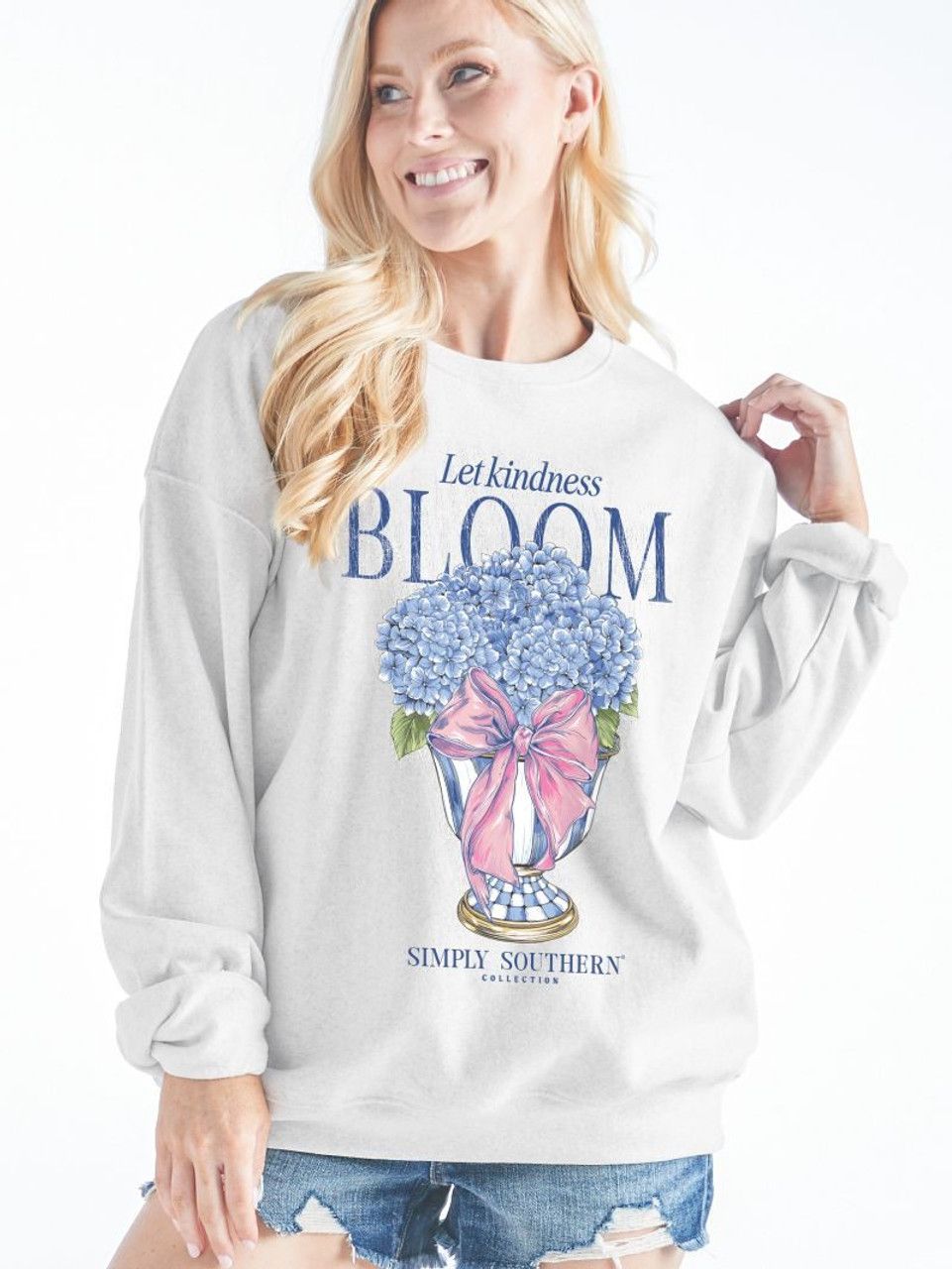 Simply Southern Bloom White Crew - Medium-Large