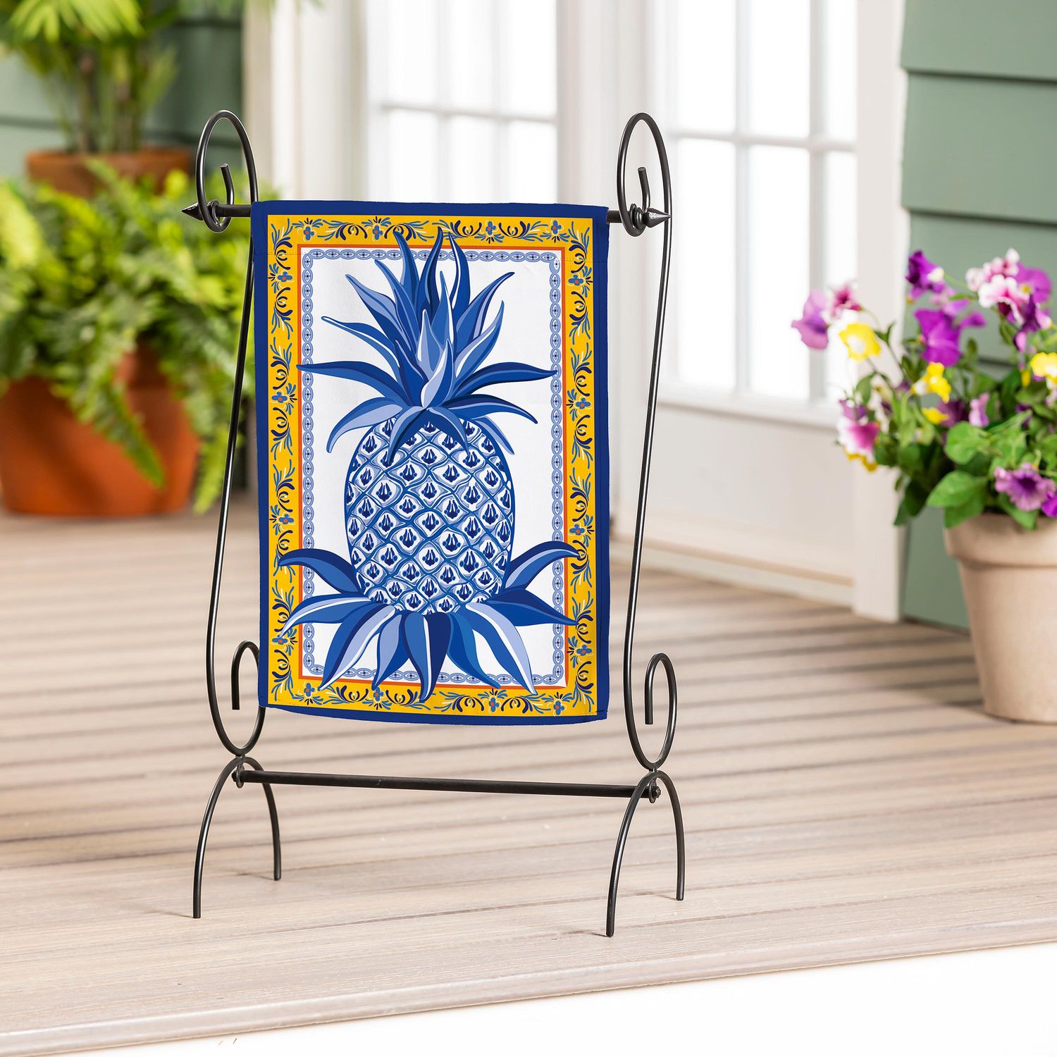 Blue &amp; White Pineapple Applique Garden Flag