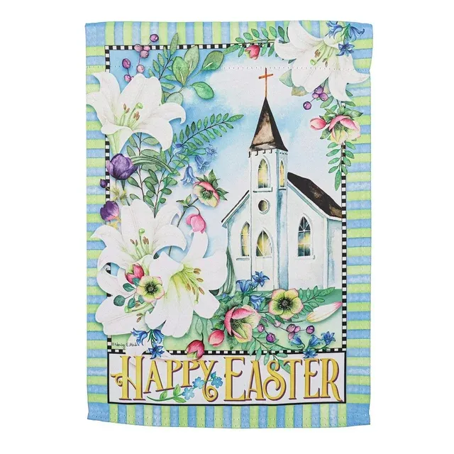 Easter Church With Flowers Garden Suede Flag