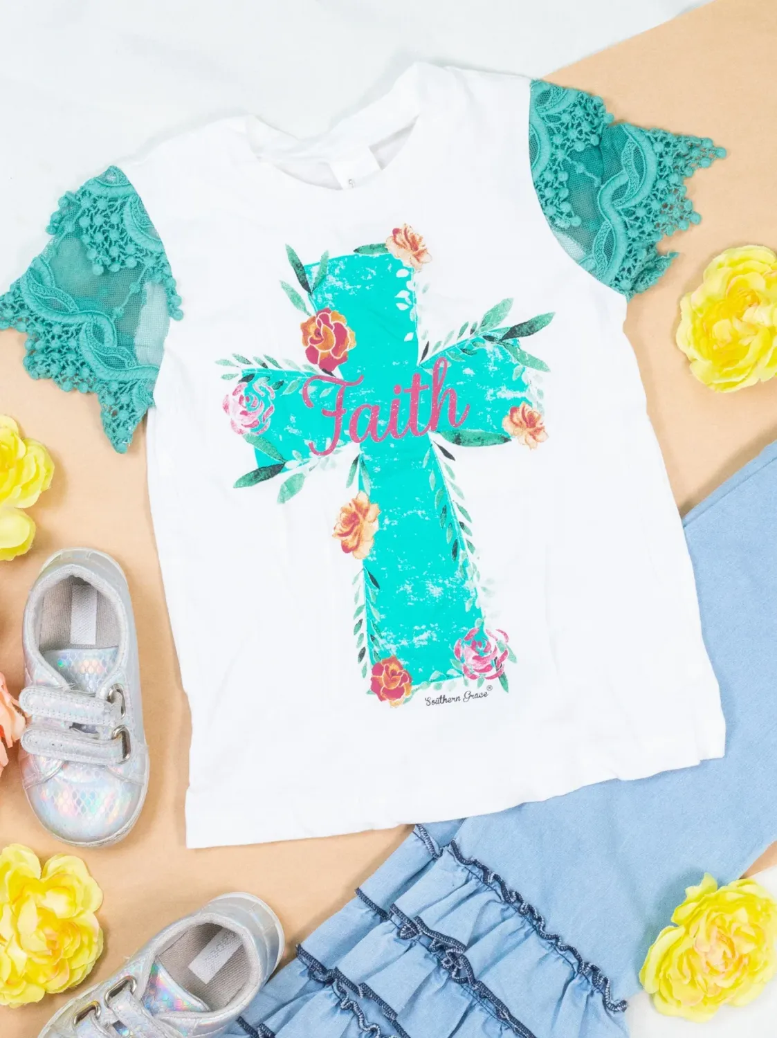Youth 10-12 - Girls Turquoise Faith Cross On White Short Lace Sleeve