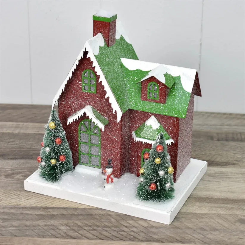9.5&quot; Snow Pine Village Style Light Up House - Red