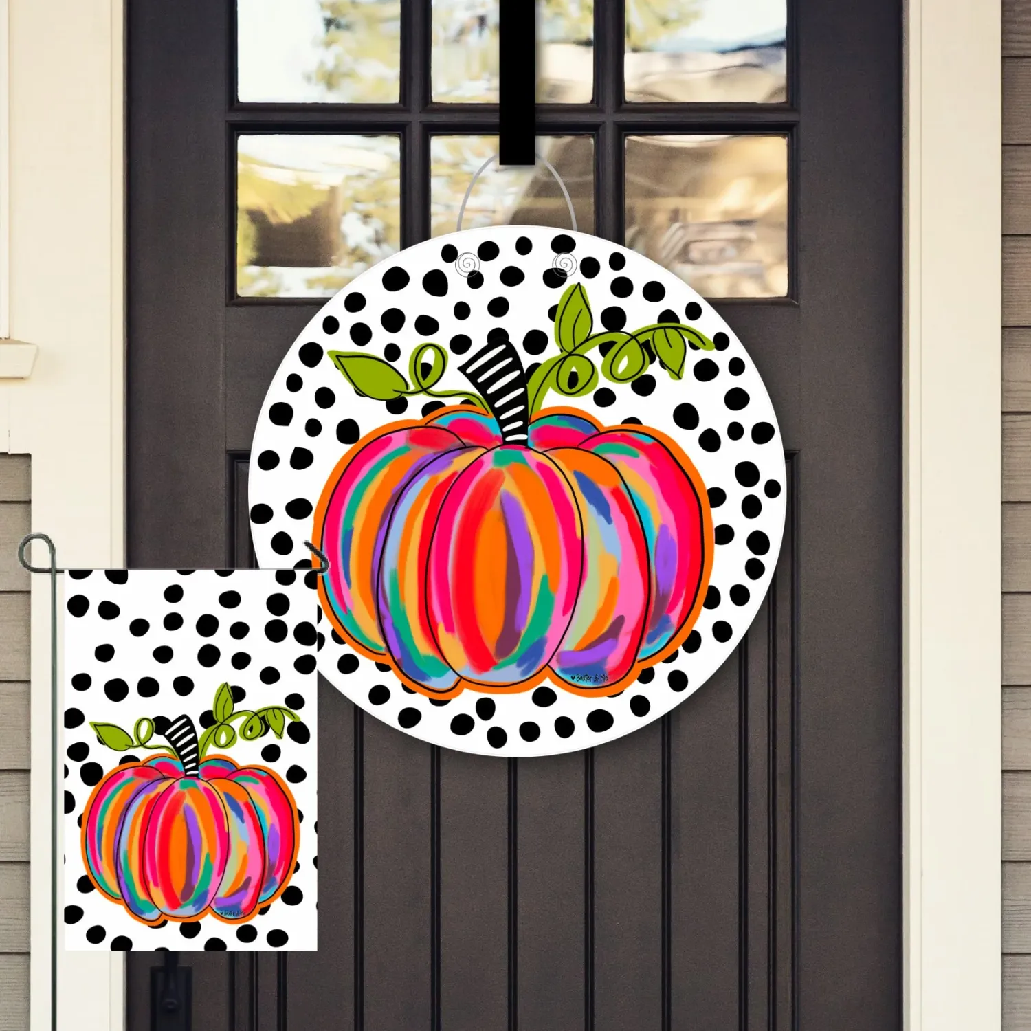 Baxter &amp; Me Colorful Pumpkin With B&amp;W Background Door Hanger