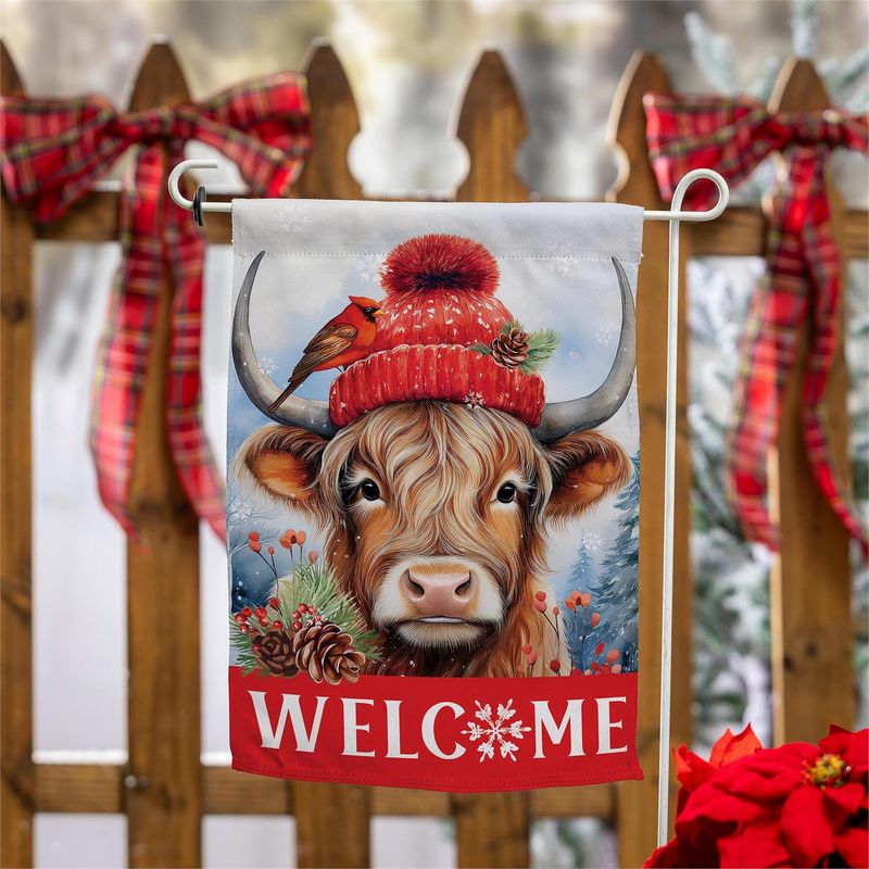 Bundled Up Highland Cow Suede Garden Flag