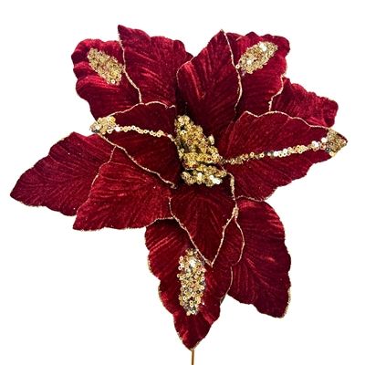 23&quot; Burgundy Velvet Gold Sequin Poinsettia Stem