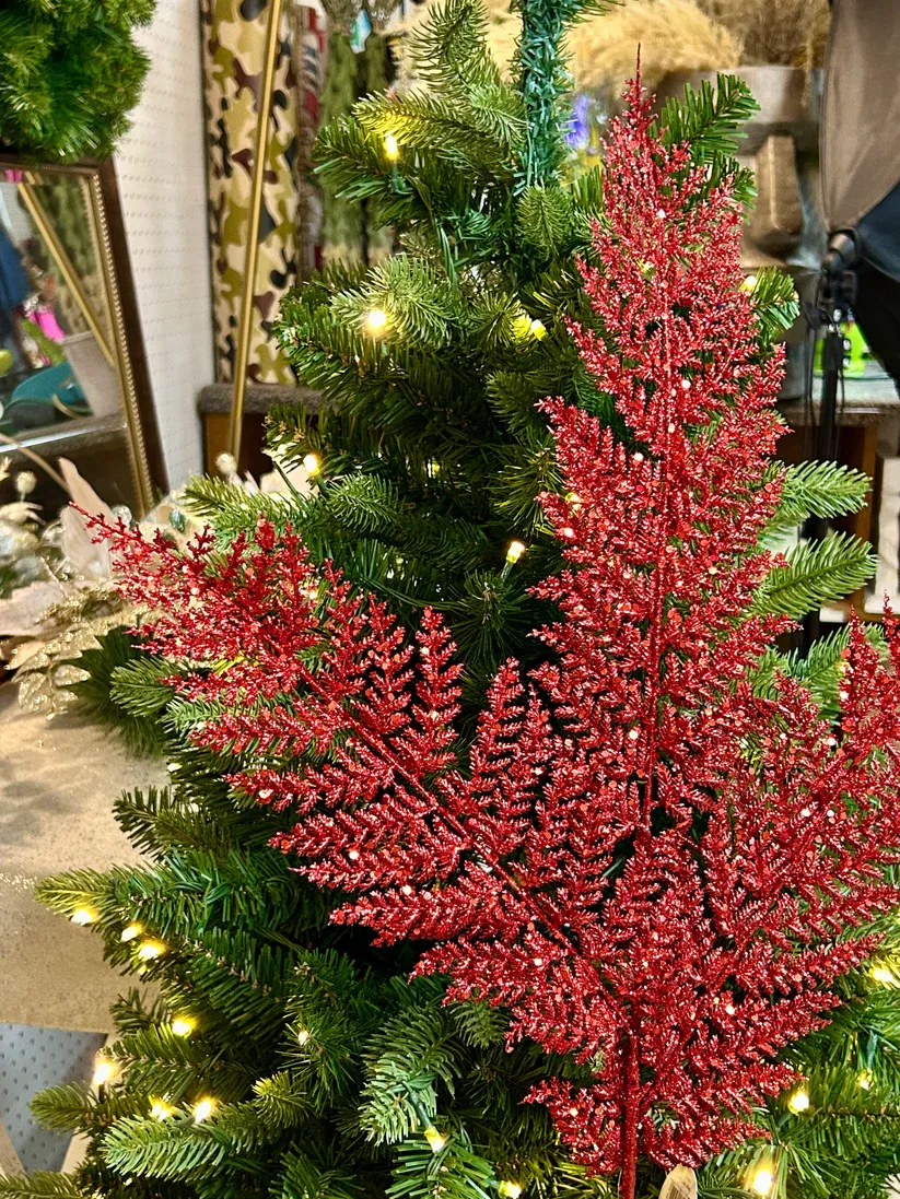 32" Shimmery Glitter Fern Spray - Red