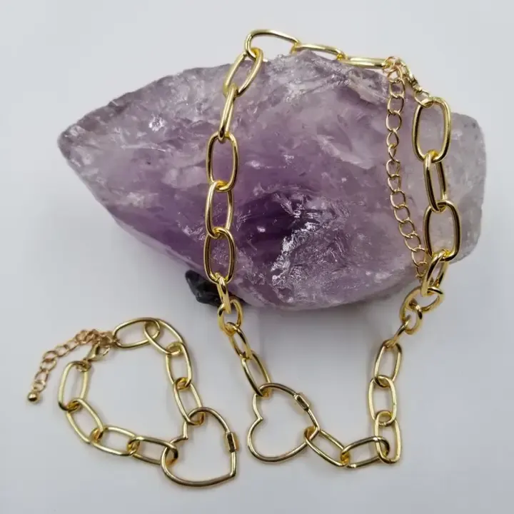 Heart Padlock Paperclip Chain Necklace And Bracelet