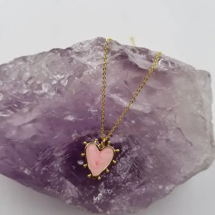 Beaded Coloful Heart Necklace - Pink