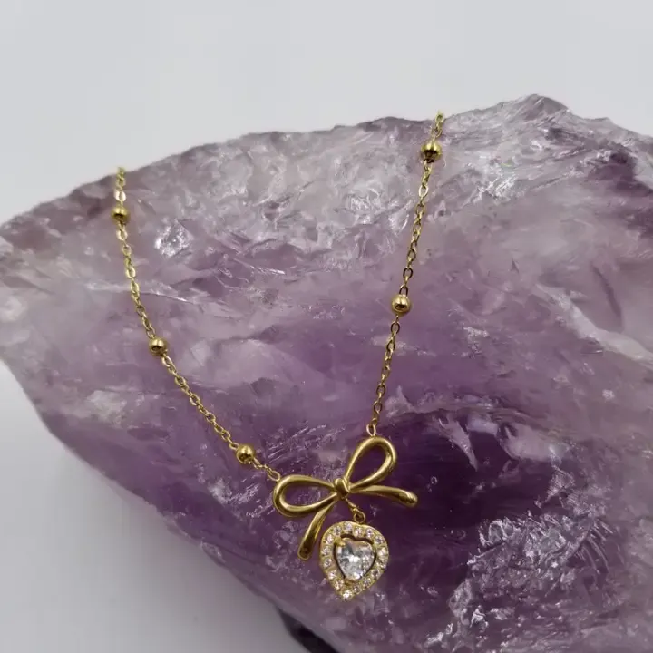 Zircon Bow Heart Necklace - Stainless Steel