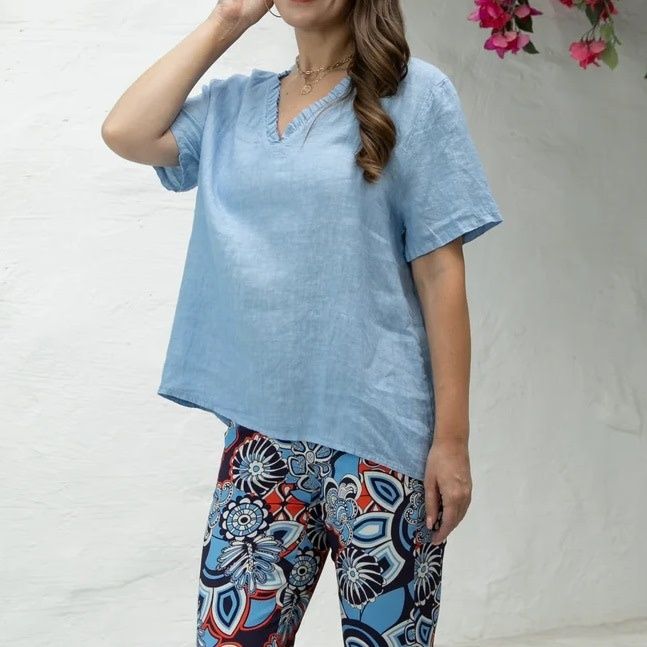 V-Neck Smart Linen Top Sky Blue