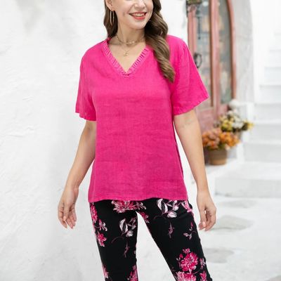 V-Neck Smart Linen Top Fushia
