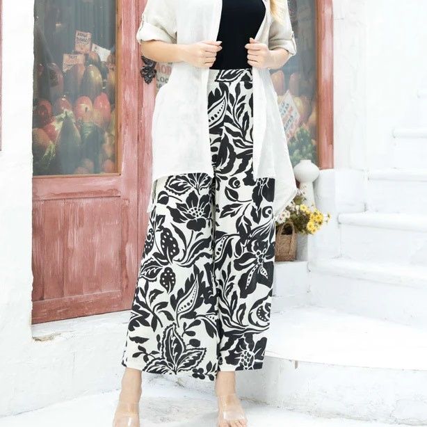 Patterned Linen Pants Black Flower