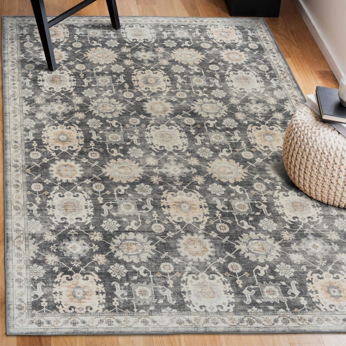 Bryn Vintage - Light Gray Ivory Beige Washable Rug, Size: 3&#39; x 5&#39;