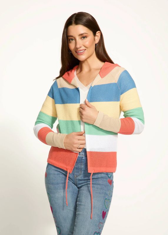 Striped Pointelle Hooded Cardigan