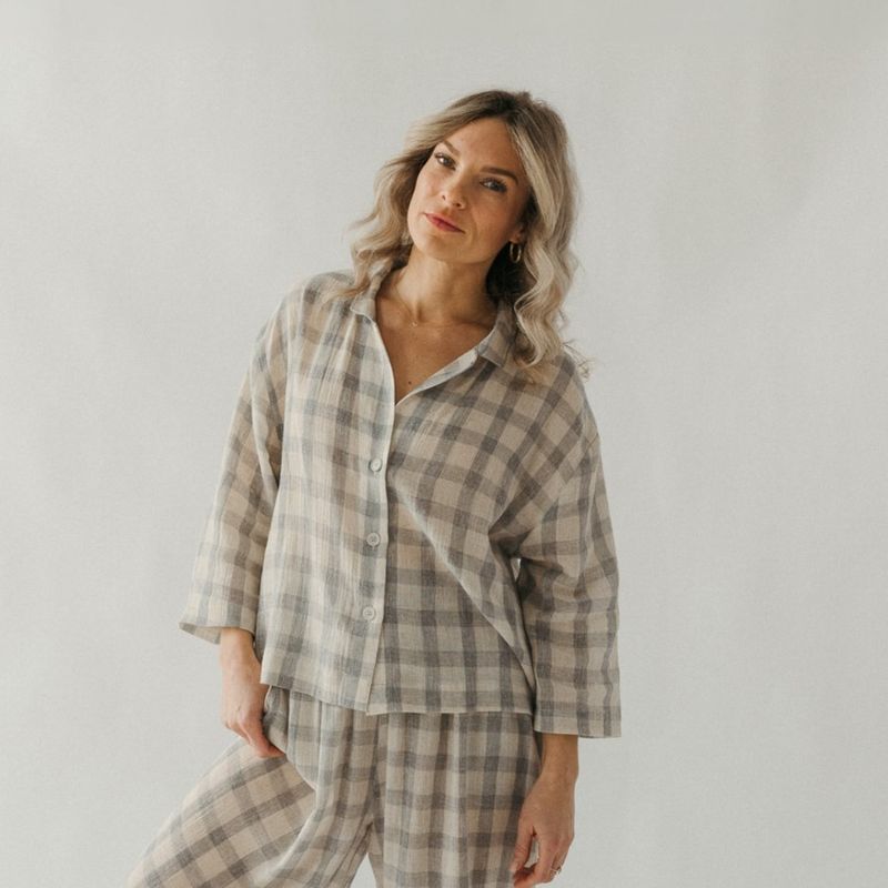 Grey Plaid Shirt Blouse with Buttons