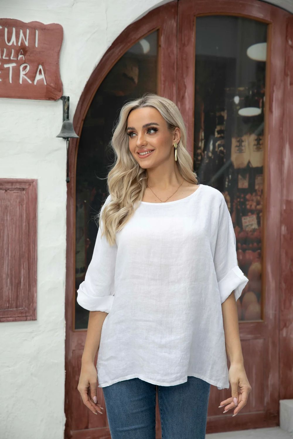 Long Sleeve Linen Top White 