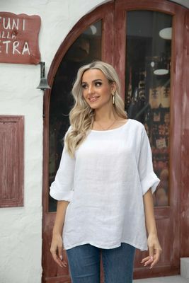 Long Sleeve Linen Top White 