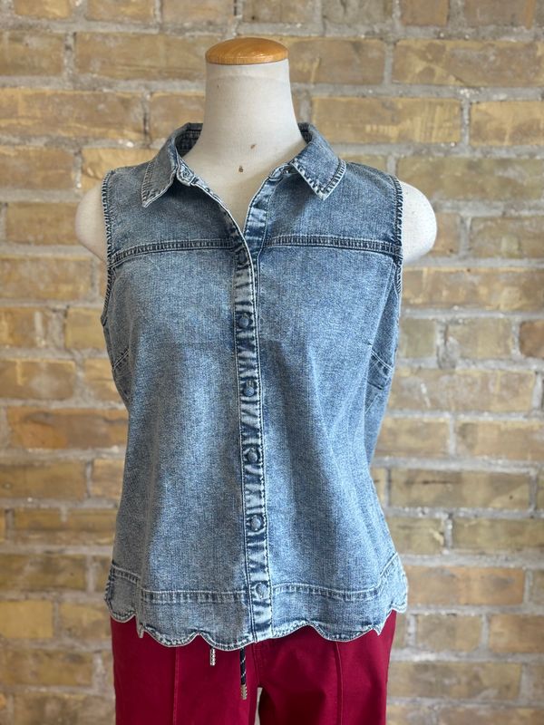 Lightweight Denim Sleeveless Scalloped Shirt