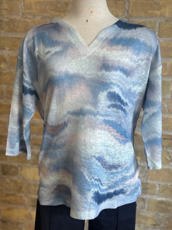 Drop Shoulder Notch Neck Top Neutral Stripe