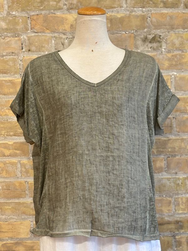Breezy Linen V-Neck Tee Military