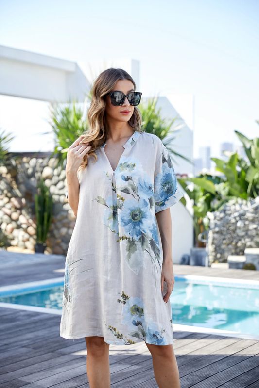 Chrysanthemum Linen Dress Beige