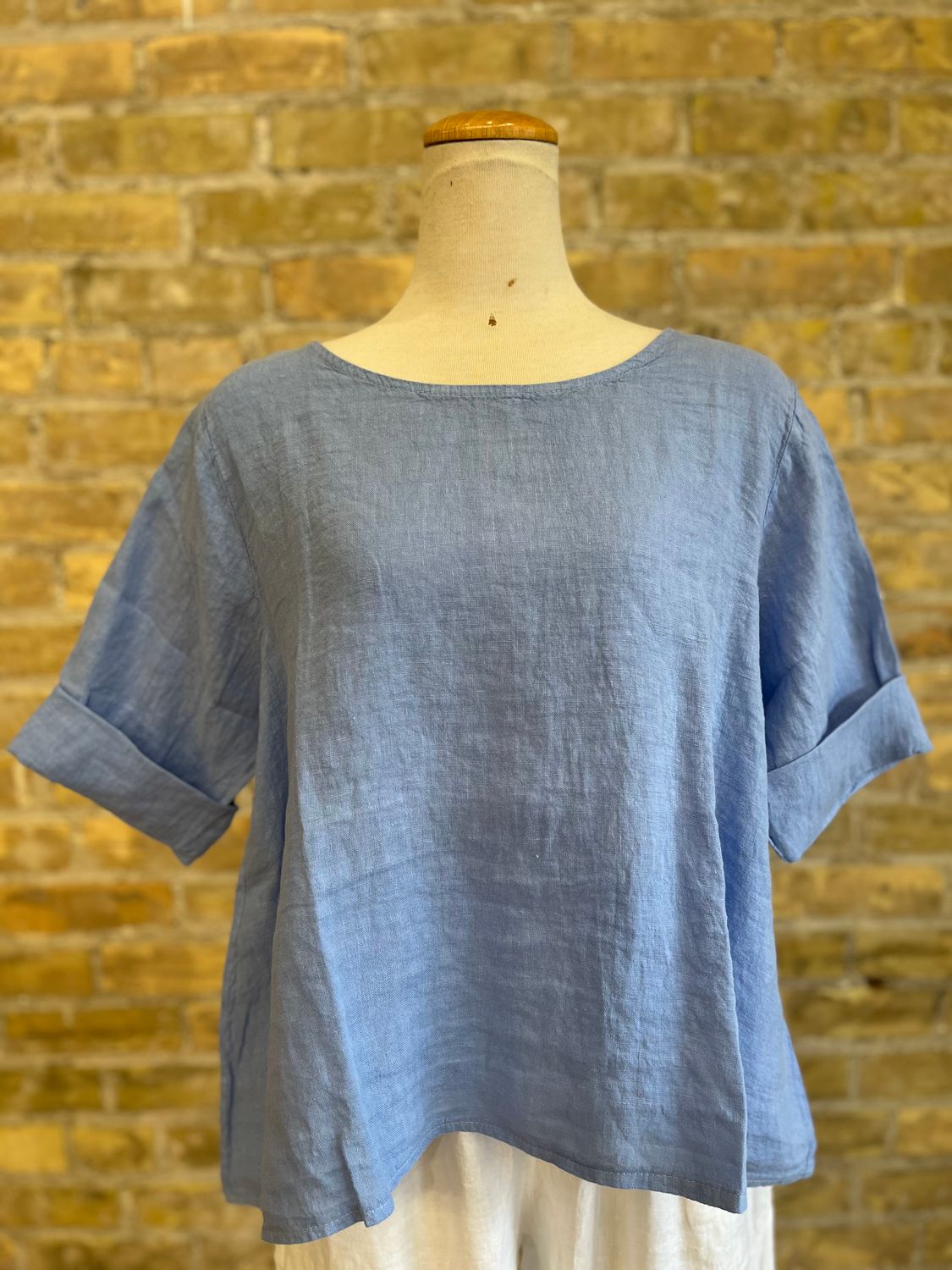 Mea's Linen Breeze Button Back Top Blue
