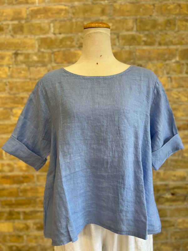Mea's Linen Breeze Button Back Top Blue