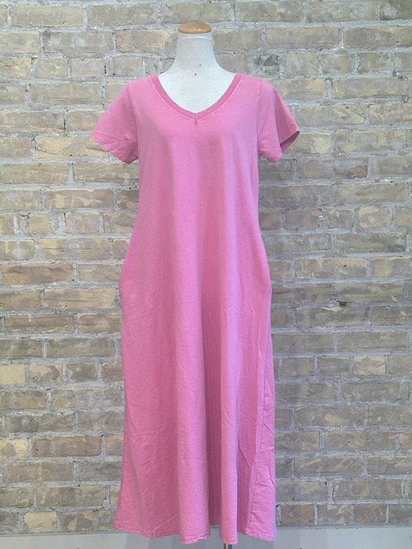 Knit Trim V Neck Dress Fuschia