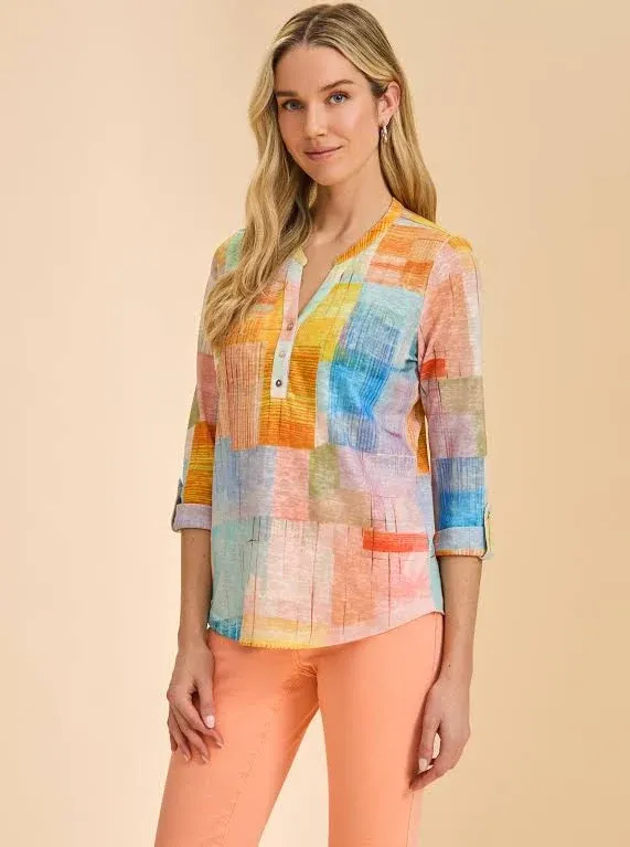 3/4 Sleeve Henley Top Summer Geo